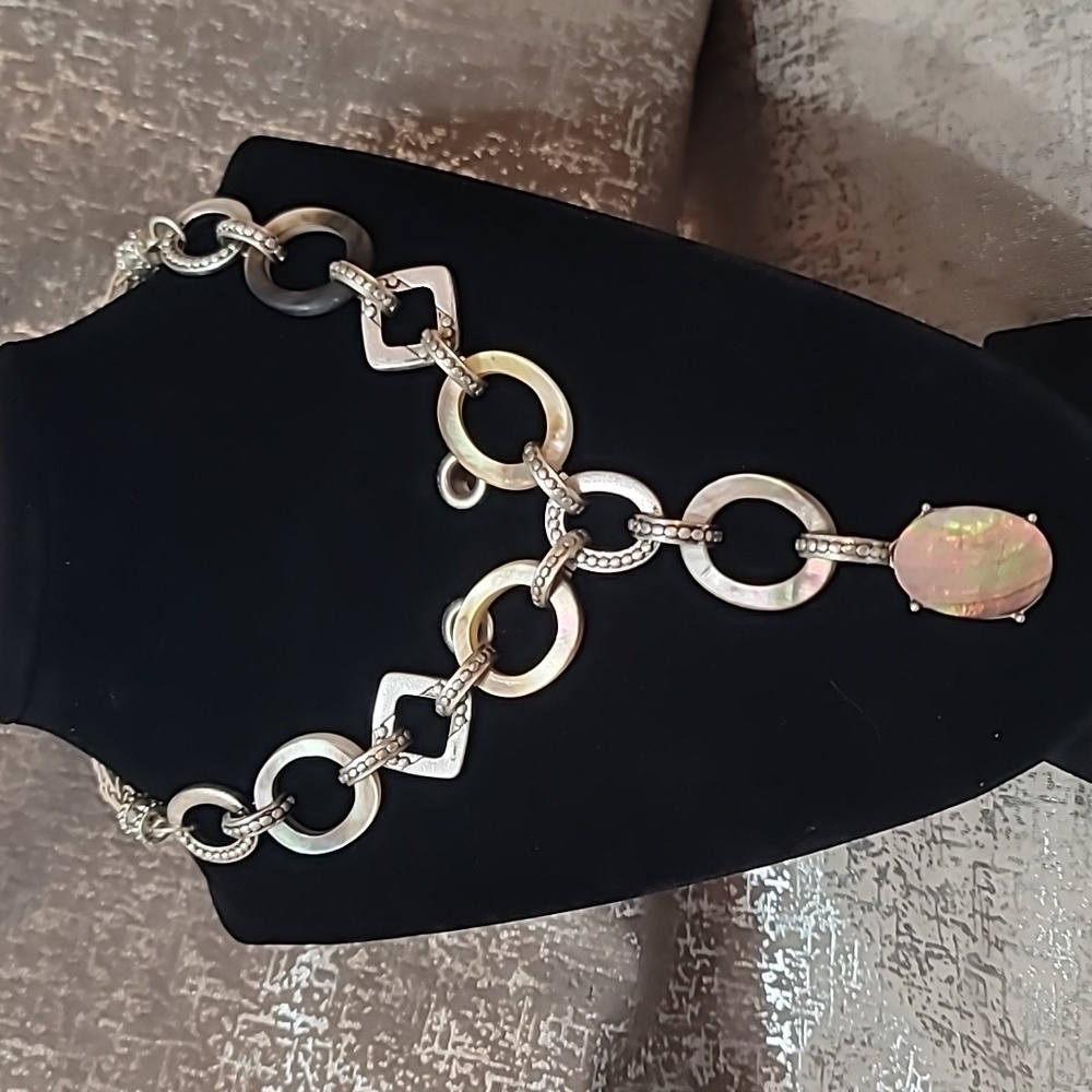 Chico's Abalone & Silvertone Big Link MOP Necklace 16-20" Adjustable